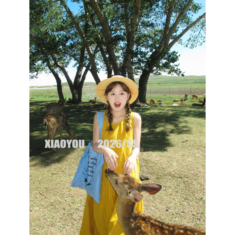 [in Stock] Xiaoyou French-Style Yellow Sleeveless Vest Dress for Women, Summer Casual Vacation Long Dress