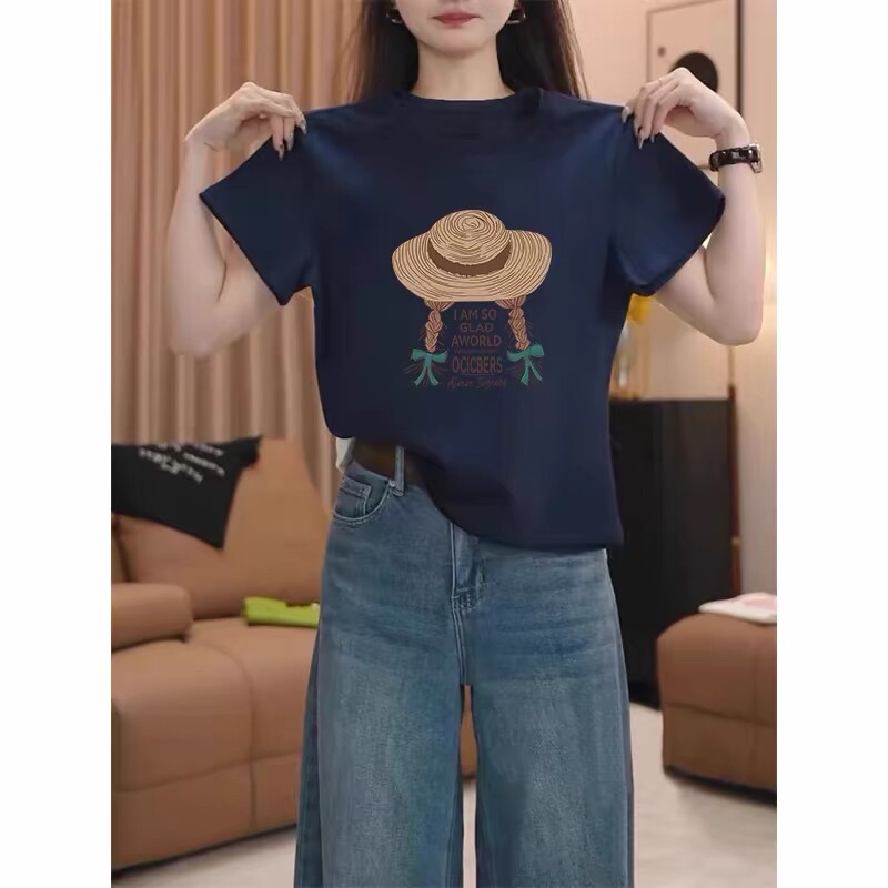 Pure Cotton Casual Versatile Loose Slimming Short-Sleeve T-Shirt for Women, Summer Design with Unique Round Neck Printed Top, Trendy Pure Cotton Casual Versatile Loose Slimming Short-Sleeve T-Shirt for Women, Summer Design with Unique Round Neck Printed Top, Trendy