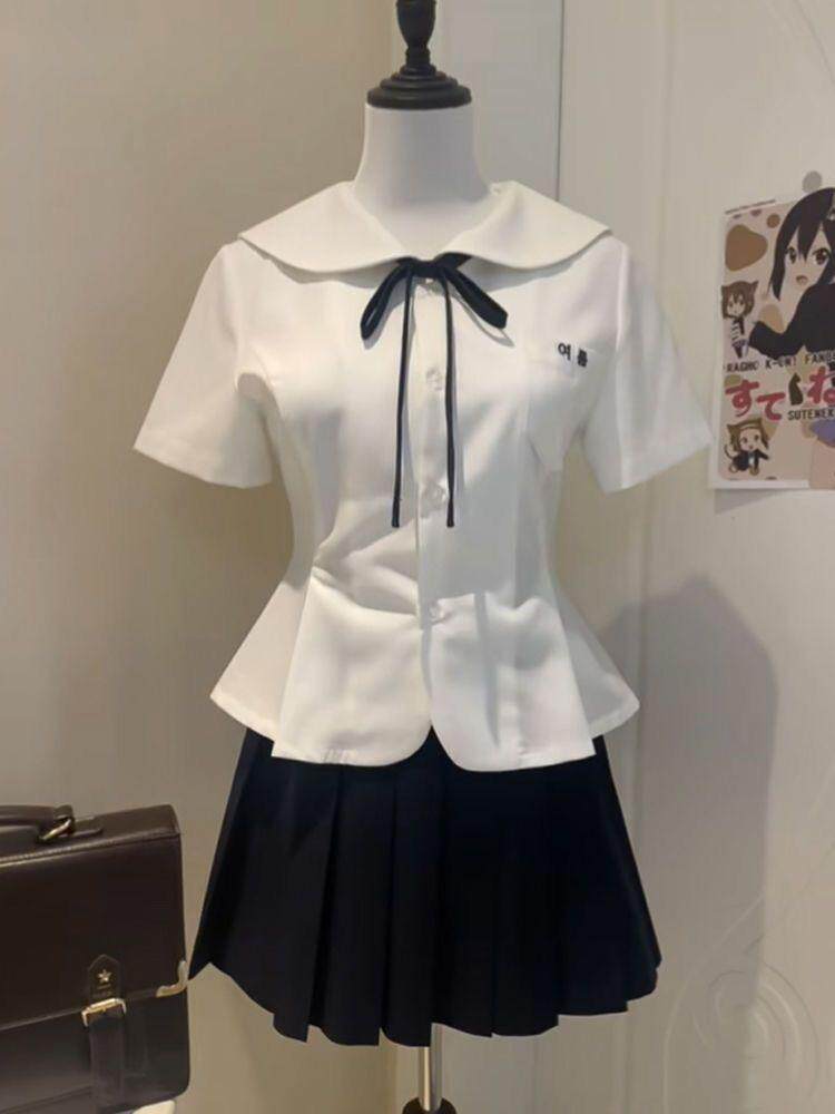 товар из китая 原创夏季新款jk制服短袖可爱风娃娃领日系学院风衬衫短裙两件套