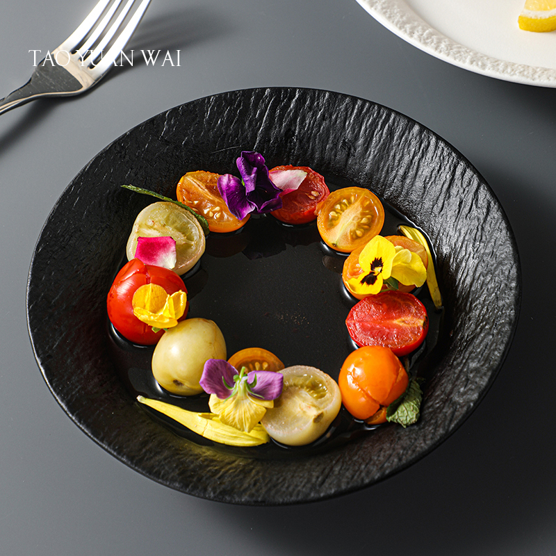 Matte Black Luxury Dish Plate for Home Use, Snack Plate, Ceramic High-Value Black Rock Pattern Restaurant Porcelain Tableware Matte Black Luxury Dish Plate for Home Use, Snack Plate, Ceramic High-Value Black Rock Pattern Restaurant Porcelain Tableware