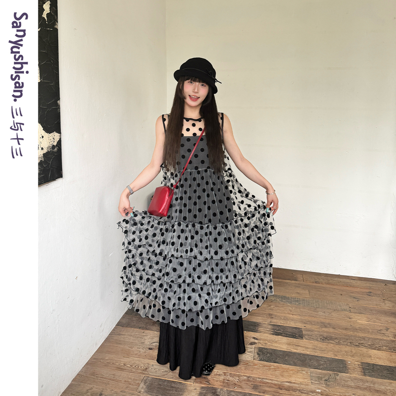 Three and Thirteen | Old-Fashioned Film | Summer Layered Slimming Tank Dress, Versatile Polka Dot Mesh Slightly See-Through Dress for Women