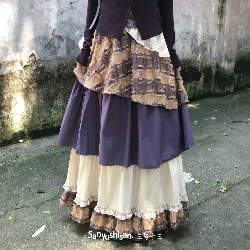 Three and Thirteen | Monet's Sketches | Forest-Style Pastoral Layered Patchwork Skirt, Retro Multi-Layered Cake Skirt for Women