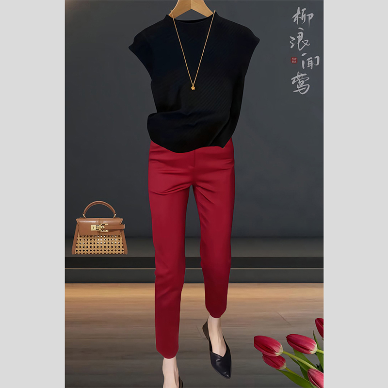 Red Casual Pants for Women, Early Autumn New Style, Pear-Shaped Body, Plus Size, High-Waisted, Straight-Leg, Slimming, Cropped Cigarette Pants