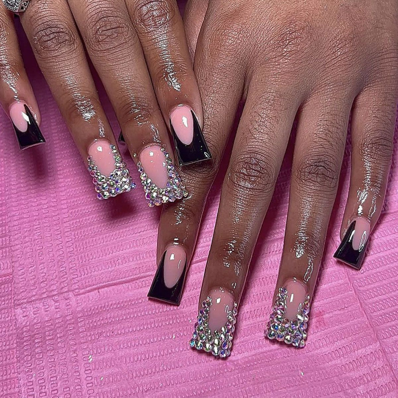 Ballet-Style Wearable Nails, European and American Style Wearable Nails, Duckbill-Shaped Black French-Style Nails Studded with Diamonds, Removable Fake Nails
