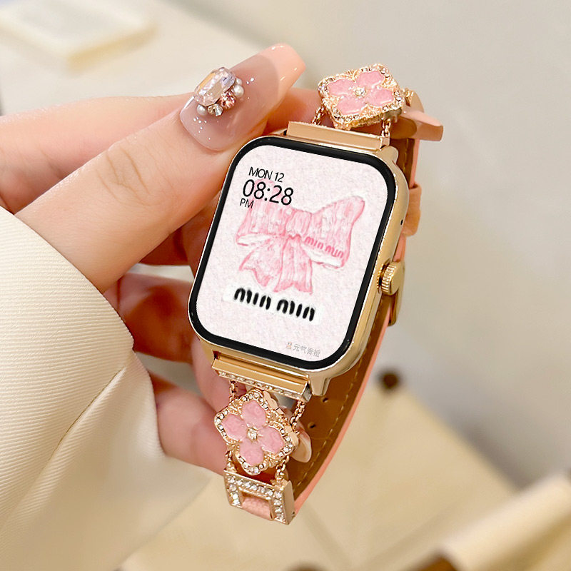 华强北S10智能手表女2025新款NFC心率四叶草拼鱼籽酱皮质运动手环
