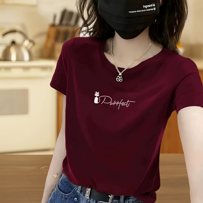 European-Style Burgundy Round-Neck Short-Sleeve T-Shirt for Women, 2025 New Model, Stylish, Loose-Fitting, Slimming, Casual, Pure Cotton Top