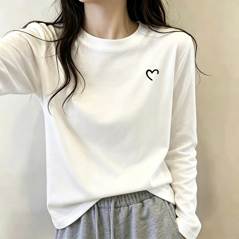 Round Neck Cotton Loose Fit Spring, Autumn and Winter 2026 New White Long-Sleeved T-Shirt with Fleece Casual Base Shirt Women's Top