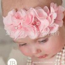 Childrens hand-sewn chiffon pearl rhinestone flower headband baby headband 14 colors European and American baby headband
