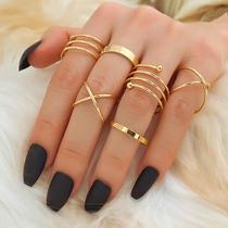 2024 European and American style spring cool gold and black open ring flat curved ring 6-piece set
