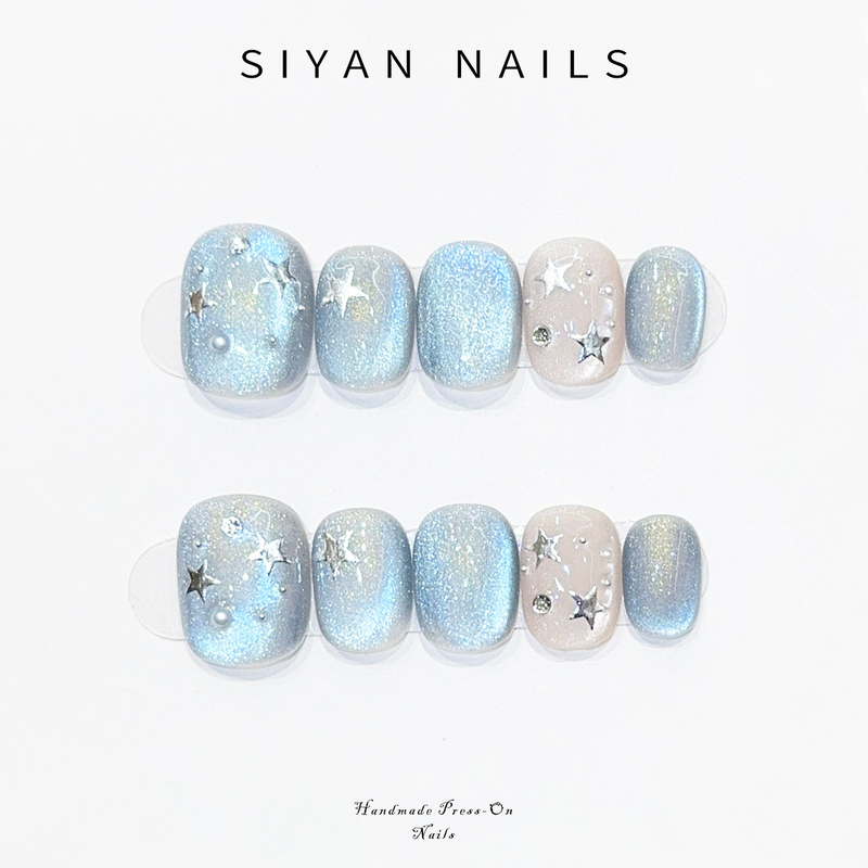ins Wind Blue Star Cat Eye Handmade Wearable Nails Starry Sky Simple Daily 2026 New Short Style Student Party