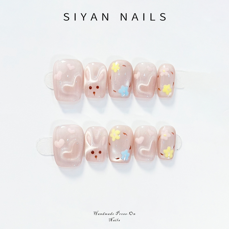 Hand-Painted Pink Rabbit Cute Pink Sugar Rabbit Cat Eye Press-On Nails 2025 Cute Short Handmade Nail Art Gentle Daily Wear