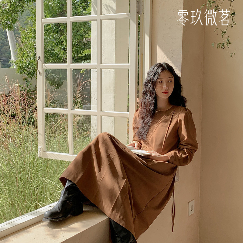 Korean Style Autumn and Winter New Plus-Size Ladylike Belted Pleated Long Dress with Waist-Cinching Effect and Slimming Effect 78470
