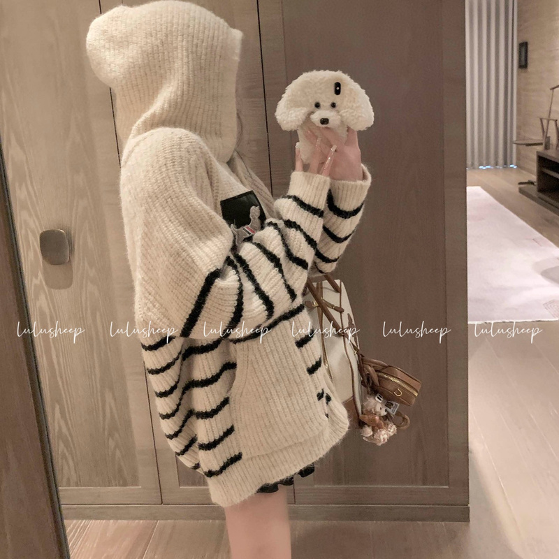 High-End! Leather Label Plush Dog Knit Hooded Top for Women, Loose Fit, Color-Blocked Striped Thick Warm Sweater Jacket