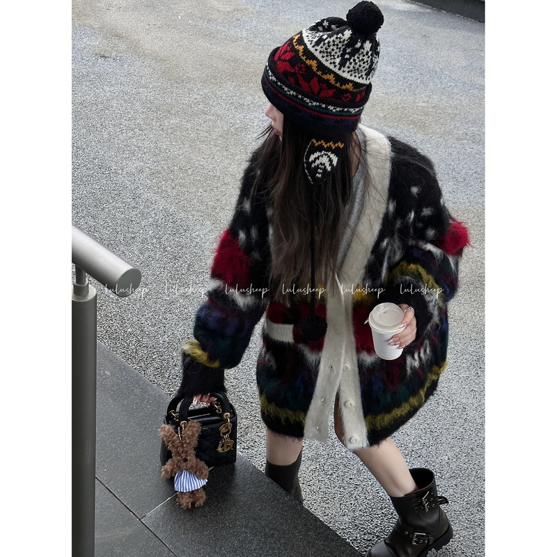 Meng Zi's Style~ Fair Isle Jacquard Sweater Coat for Women, Lazy Style, Winter Warm and Atmospheric Knit Top