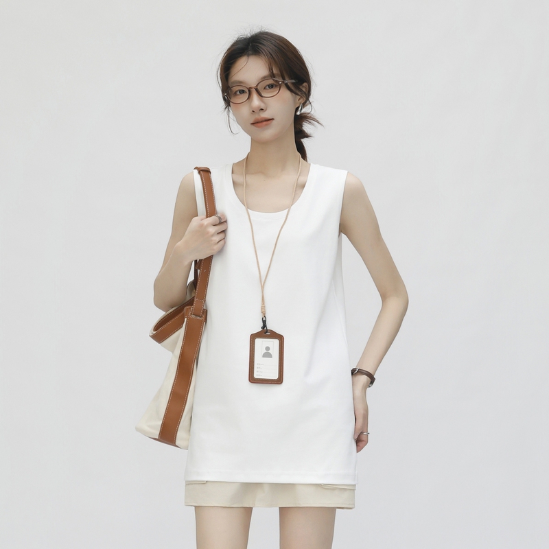 Roman Cotton Long-Length U-Neck T-Shirt for Women, Sleeveless, Loose Fit, Suitable for Commuting, Wide Shoulder Base Layer Tank Top, Mid-Length Top