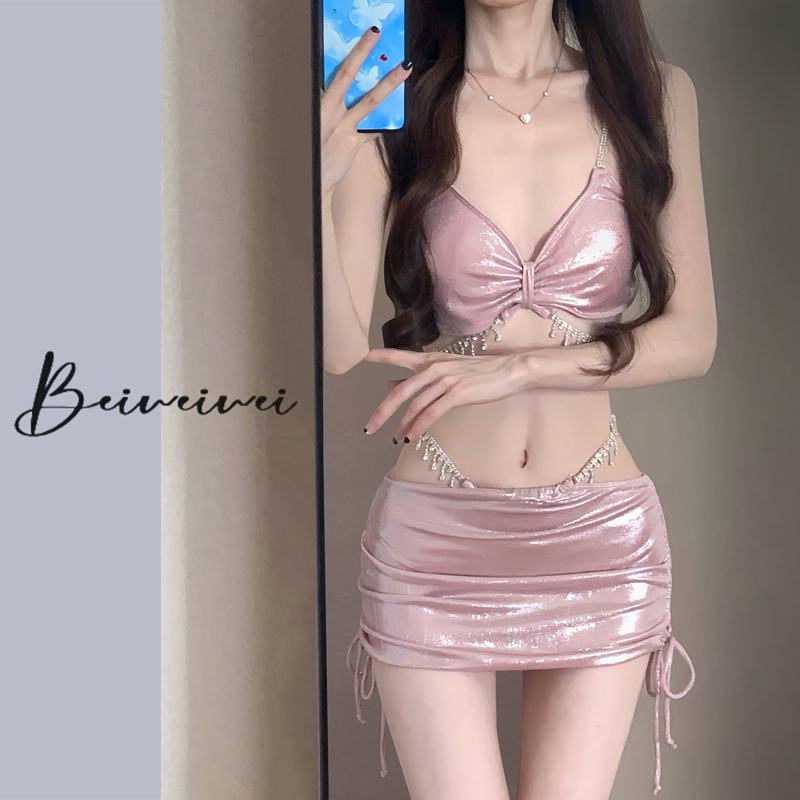 Beiwei Shimmering Bikini Swimsuit 2025 New Style Rhinestone Sexy Vacation Swimwear Three-Piece Set Hot Spring