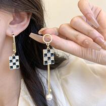 s925 silver needle asymmetrical diamond-drip checkered earrings personality temperament creative earrings design internet celebrity earrings