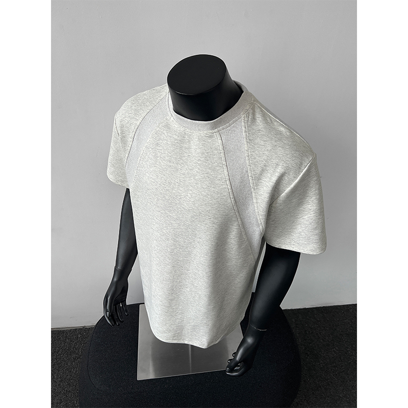 White Flower Gray Cleanfit American-Style Patchwork Short-Sleeve T-Shirt for Men, Summer Trendy Brand, Small Neckline, Regular Shoulder, Short Half-Sleeve