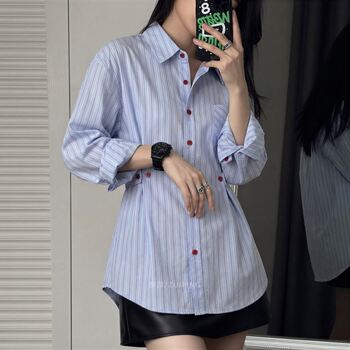 (in Stock) Blue Striped Commuter Style Long-Sleeve Shirt 2026 Spring New Women's Slim-Fit Waist-Cinching Versatile Top