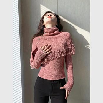 (in Stock) Red Cape Tassel Sweater Early Spring 2026 New High-End Stylish Unique High-Neck Knitted Top