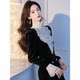This Year's Hot-Selling Black Velvet Turtleneck Shirt for Women, Early Spring 2025, Lace Patchwork Inner Layer, Flared Long-Sleeve Top for Winter