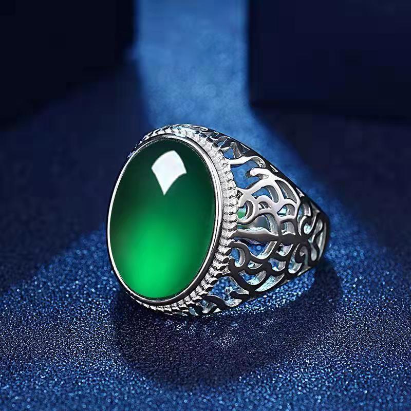 Domineering ring for men S natural chrysoprase color imitation gemstone open mouth not easy to fade silver plated