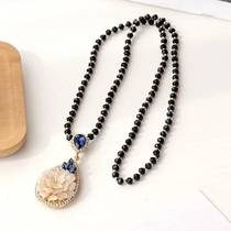 New Elegant Style New Cats Eye Flower Clothing Rhinestone Black Sweater Chain Womens Long Necklace Clothes