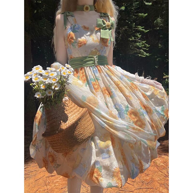 Summer New Style Tempered Sunflower Bud Skirt, Sweet and Elegant, Waist-Cinching Bowknot, Bright and Vibrant Dress