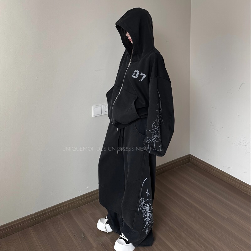Uniquemoi Retro Distressed Hand-Painted Print Casual Hooded Sweatshirt Silhouette Set Scimitar Pants Loose Fit Unisex