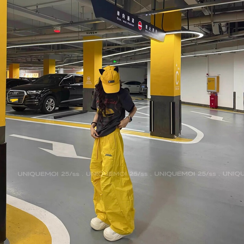 Uniquemoi American Retro Niche Design Dopamine Yellow Scimitar Casual Pants Unisex Loose Wide-Leg