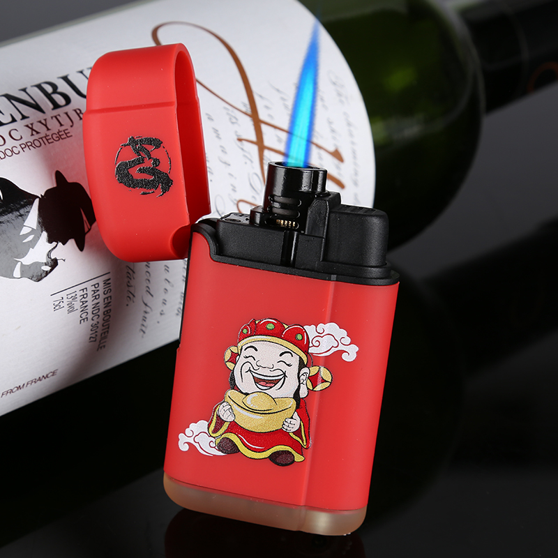 Creative windproof straight-through cigar lighter personality cover flip inflatable 3D pattern electronic cigarette lighter