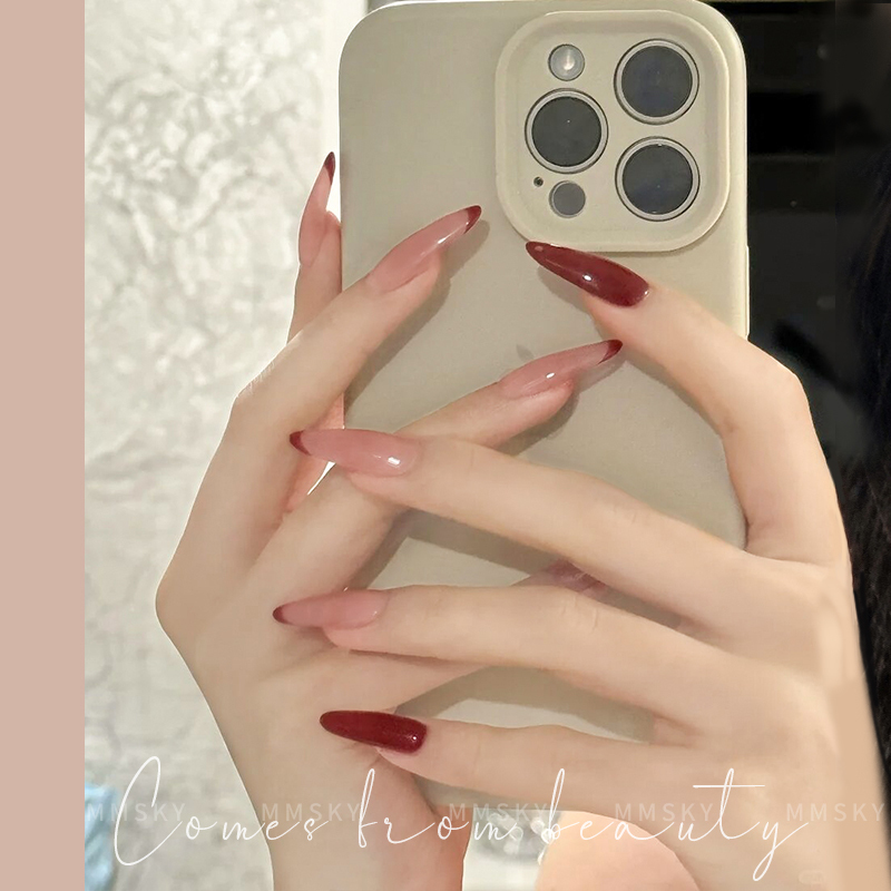 Handmade Almond-Shaped French Red Press-On Nails, Nude Color Nail Art, Medium-Length Nail Tips, 2026 New Style, Brightening Effect