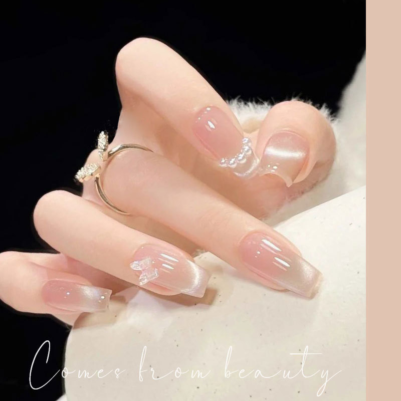 Smiling Cat Eye French Nude Wearable Nails Medium Length High-End Stunning Finished Manicure Fake Nail Patch 2026 New Style Smiling Cat Eye French Nude Wearable Nails Medium Length High-End Stunning Finished Manicure Fake Nail Patch 2026 New Style