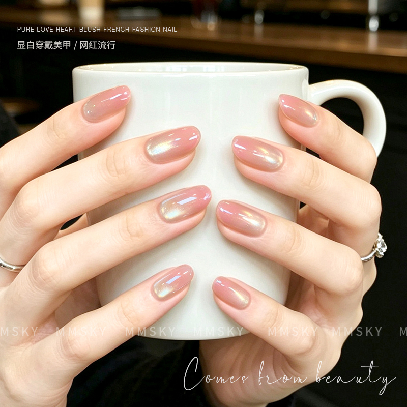 Gentle and Elegant Ice-Transparent Cat-Eye Handmade Wearable Nails, Nude Blush Gradient Finished Nail Art, High-Quality Nail Patches