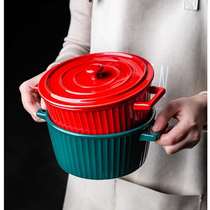 Nordic style ceramic instant noodle bowl with lid household double-ear large soup bowl microwave oven baking bowl air fryer baking bowl