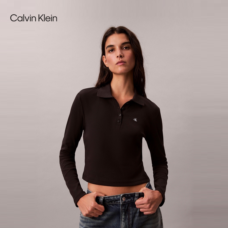 Ck Jeans Spring and Autumn Women's Casual Commuting Embroidered Ribbed Stretch Heavy Short Long-Sleeve T-Shirt Polo Shirt Ck Jeans Spring and Autumn Women's Casual Commuting Embroidered Ribbed Stretch Heavy Short Long-Sleeve T-Shirt Polo Shirt
