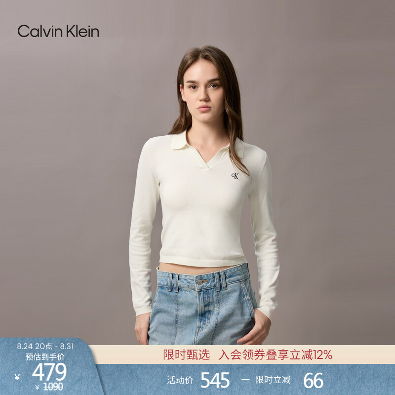 Ck Jeans Spring and Autumn Women's Elegant Casual Commuting Slim Short Seagull Collar Polo Bottoming Shirt Knitwear