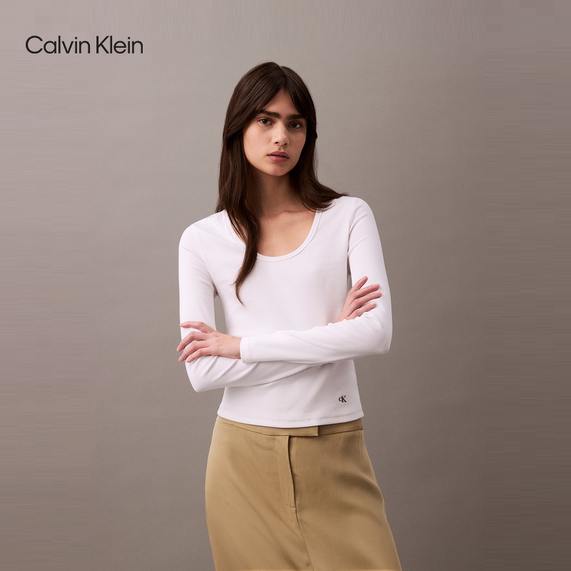 Ck Jeans Spring and Autumn Women's Casual Work Clothing U-Neck Ribbed Slim-Fitting Bottoming Shirt Knitted Long-Sleeved T-Shirt Top Ck Jeans Spring and Autumn Women's Casual Work Clothing U-Neck Ribbed Slim-Fitting Bottoming Shirt Knitted Long-Sleeved T-Shirt Top