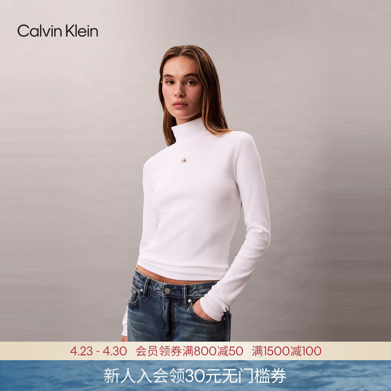 Ck Jeans Spring and Autumn Women's Elegant Casual Embroidered Ribbed Half-Turtleneck Base Layer Long Sleeve Top T-Shirt