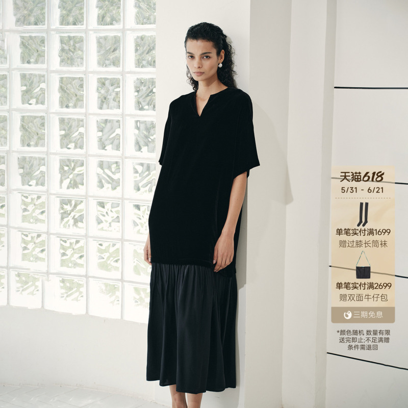 Golden Barry26 Summer Fashion High-End Draped Relaxed Silk Velvet Patchwork Dress 0713012 Golden Barry26 Summer Fashion High-End Draped Relaxed Silk Velvet Patchwork Dress 0713012