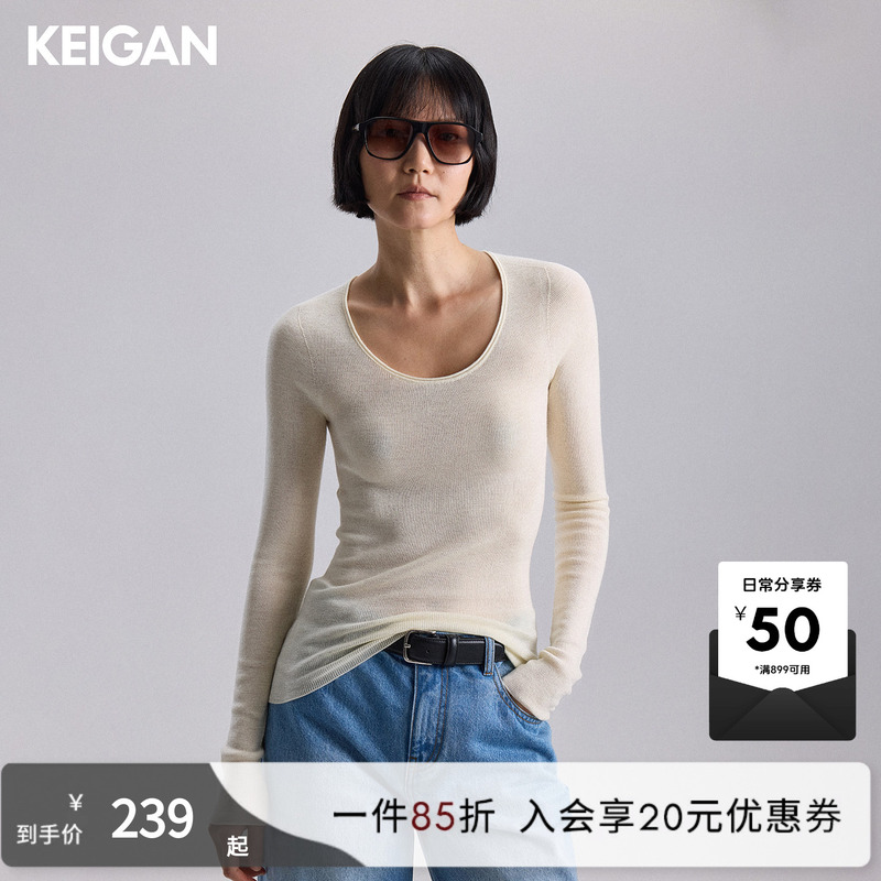 Keigan/Full Wool 16-Gauge Seamless One-Piece Slim-Fit Small/Large Round Neck Long-Sleeve Knit Base Shirt Long T-Shirt