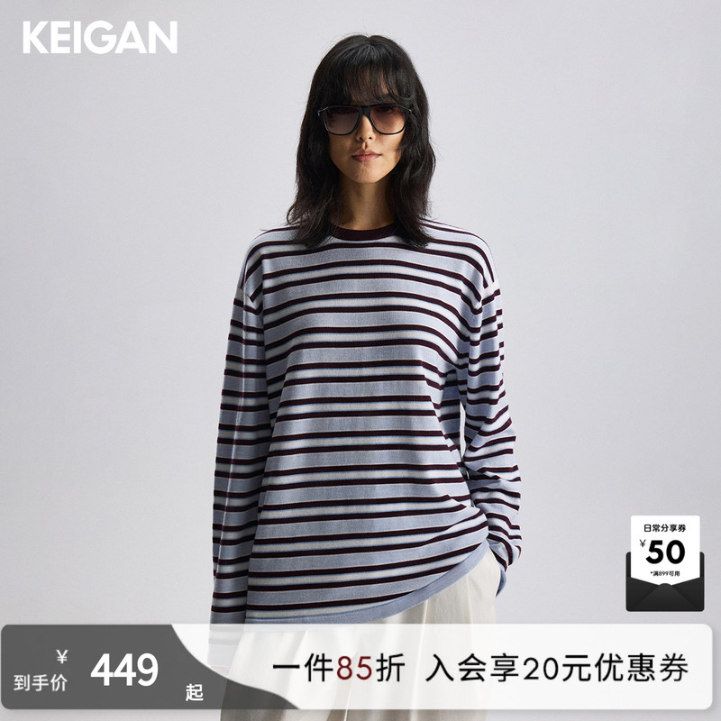 Keigan/Kejian ins Popular German Biella Washable Wool Color-Striped Thick Oversized Knit Sweater