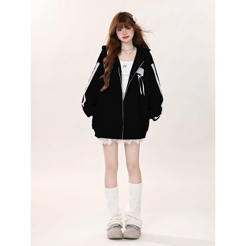 Black Fleece Sweatshirt Jacket for Women, Autumn and Winter 2026 New Korean Style, Lazy and Stylish Fleece Cardigan