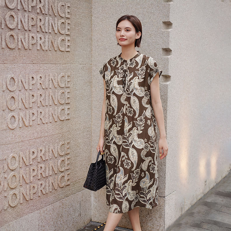 [Mohan/墨含] Summer Vintage Paisley Pattern 100% Mulberry Silk Dress Elegant Long Dress Hyl6172