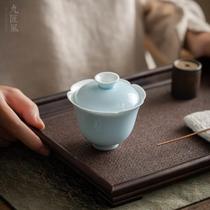 Jiujiang style Chinese-style flower-mouthed bowl antique ceramic Kung Fu tea set original mineral glaze tea bowl household hand-grabbing bowl