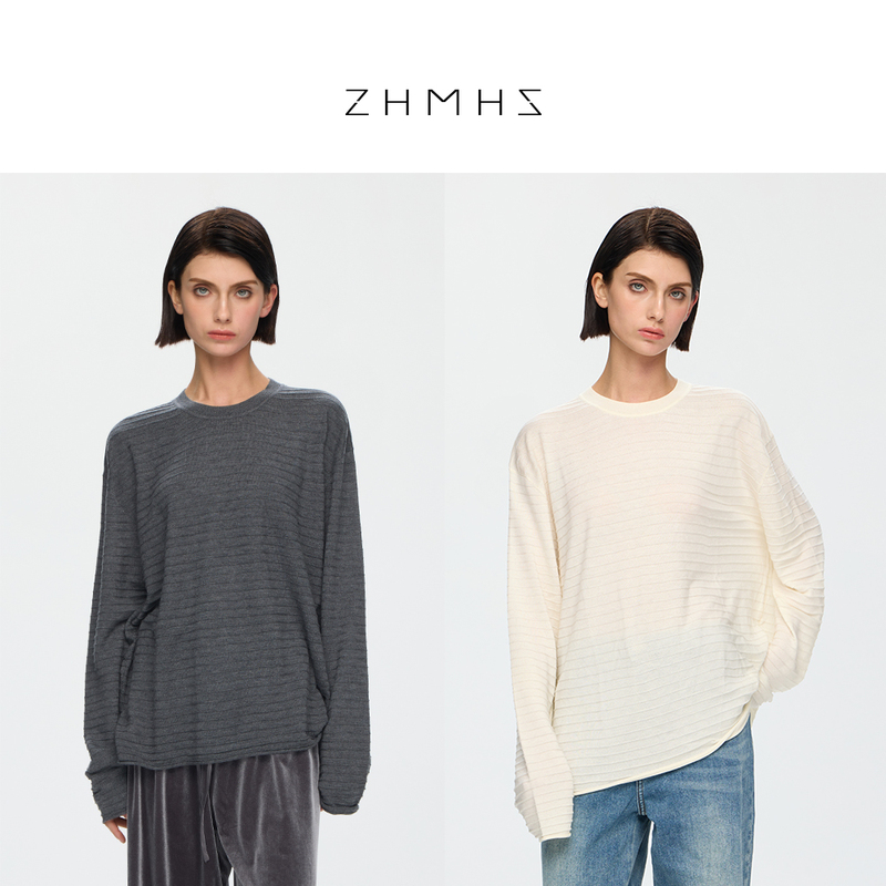Hezi Zhmhz Kendall Jenner Style Popular Soft Machine-Washable Wool Fashionable Versatile Three-Dimensional Striped Rolled-Edge Base Shirt