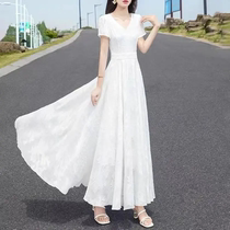 Usangmi Clothing Jacquard Chiffon Dress Super Fairy White 2024 Summer Short Sleeve Womens Long Temperament Skirt