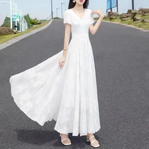 Usangmi Clothing Jacquard Chiffon Dress Super Fairy White 2024 Summer Short Sleeve Womens Long Style Skirt