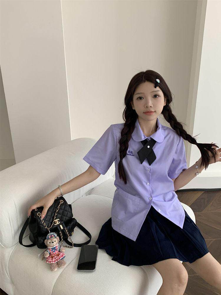 jk制服加工定制 泰式校服女孩学院风衬衫短袖款jk制服女夏季刺绣紫色套装高中班服