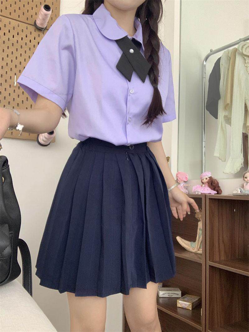jk制服加工定制 泰式校服女孩学院风衬衫短袖款jk制服女夏季刺绣紫色套装高中班服